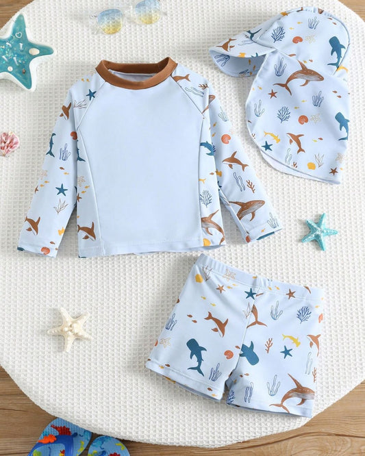 Baby Boys Blue Long Sleeve Shark & Ocean Print Top & Shorts Set | 6M - 3Y