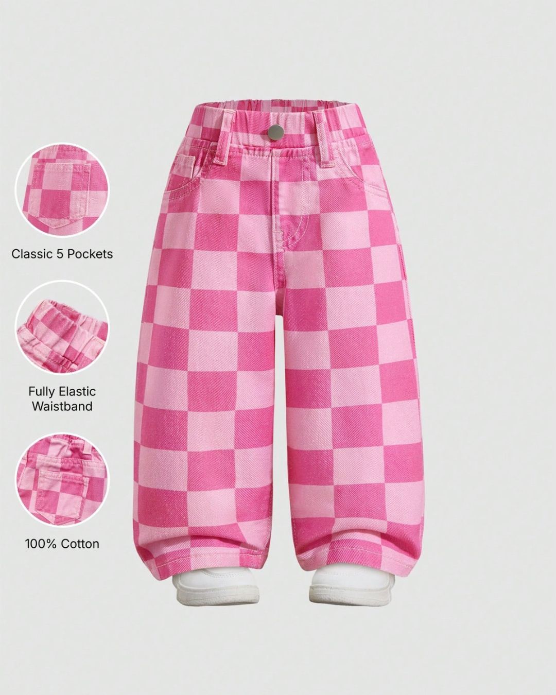 Baby Girls Pink & White Checkered Denim Jeans | 6M - 3Y