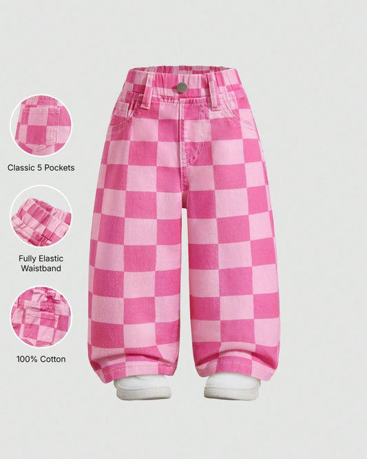 Baby Girls Pink & White Checkered Denim Jeans | 6M - 3Y