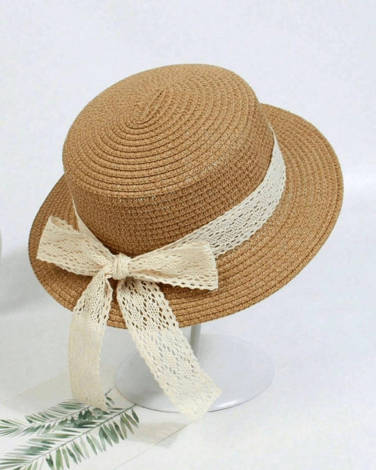 Brown Straw White Lace Bow Sun Hat