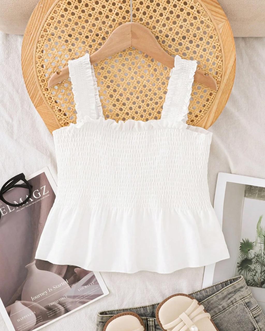 Young Girls White Smocked Ruffled Peplum Tank Top | 4Y - 7Y