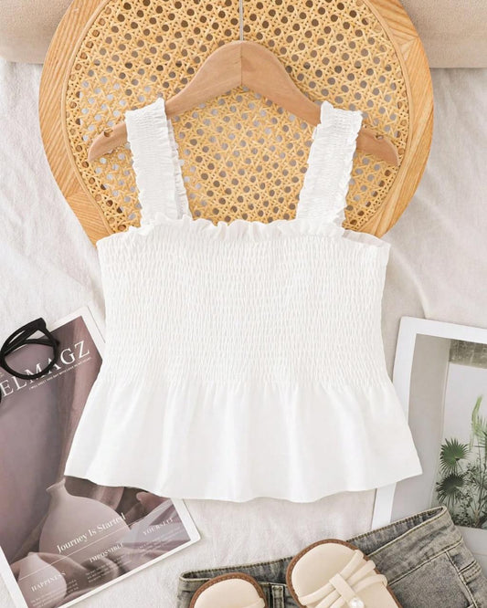 Young Girls White Smocked Ruffled Peplum Tank Top | 4Y - 7Y