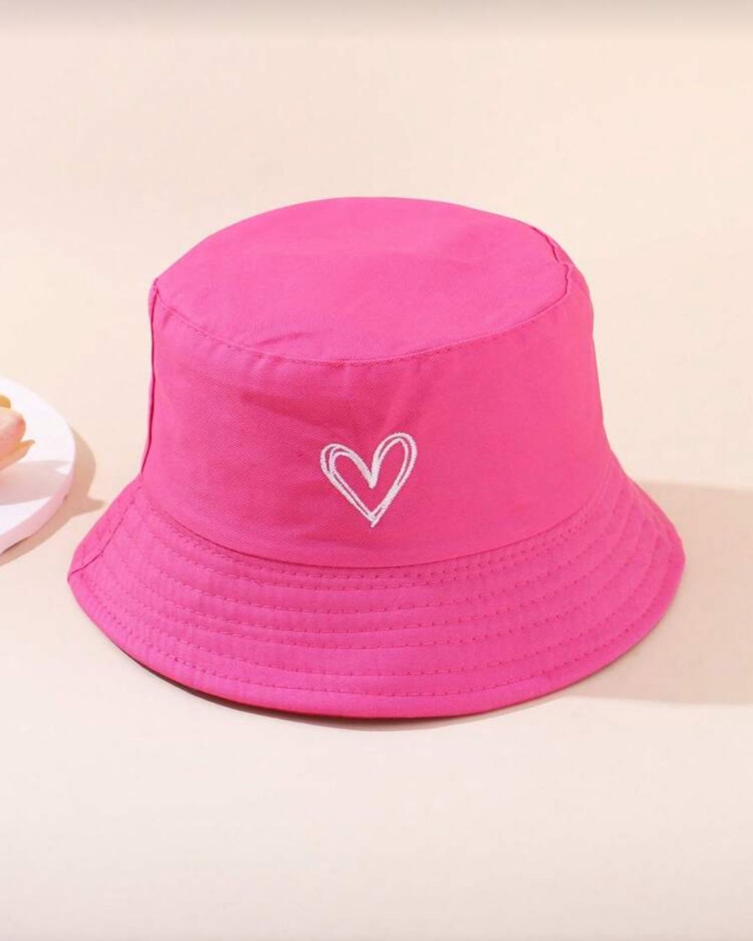 White Heart Embroidered Pink Bucket Hat