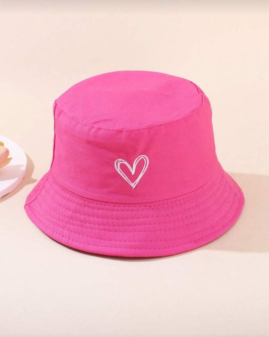 White Heart Embroidered Pink Bucket Hat