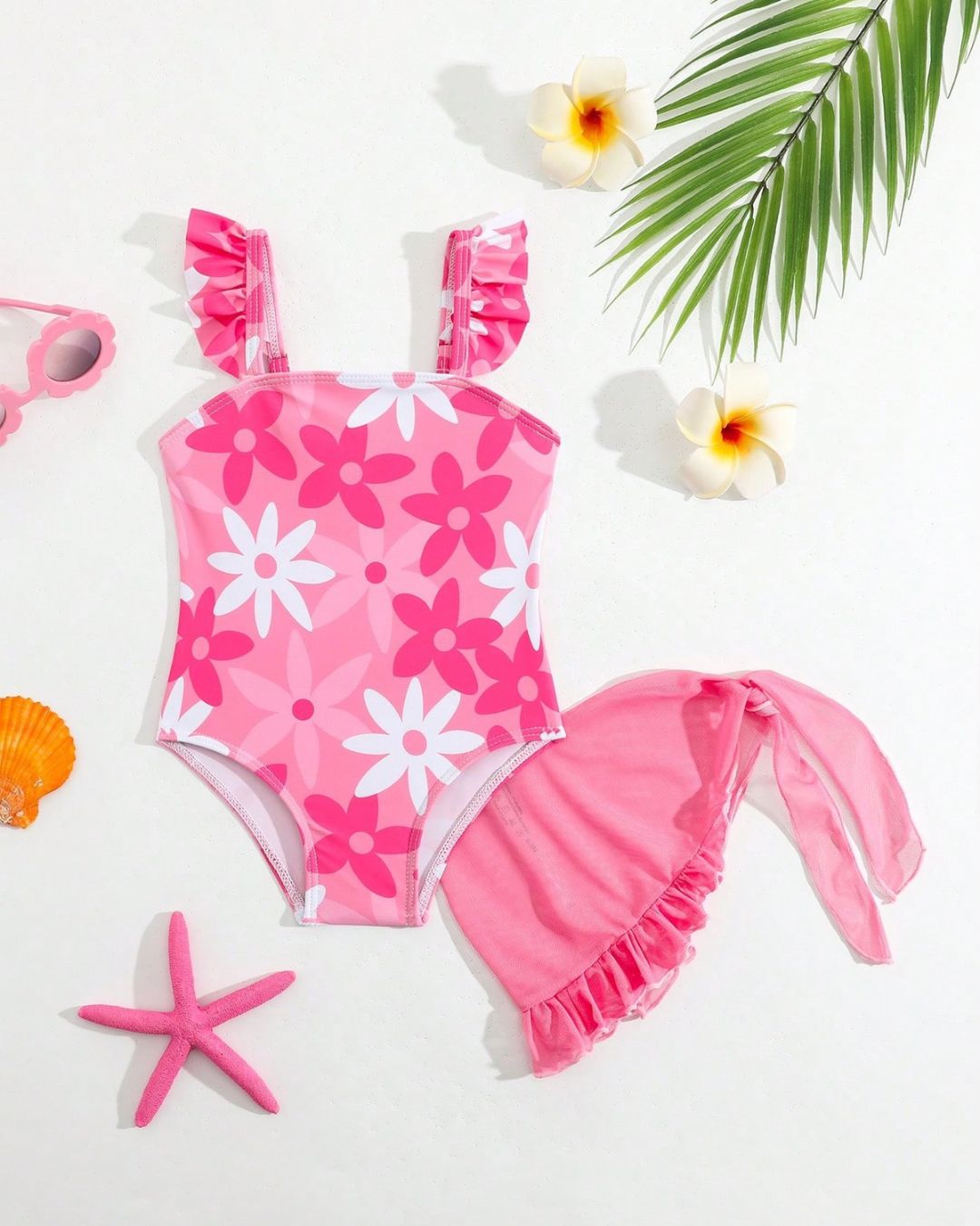 Baby Girls Pink & White Flowers Printed Swimsuit With Beach Skirt | 6M-3Y