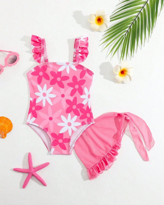 Baby Girls Pink & White Flowers Printed Swimsuit With Beach Skirt | 6M-3Y