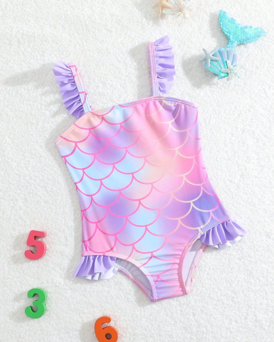 Baby Girls Mermaid Printed One-Piece Ruffle Trim Swimsuit | 6M - 3Y
