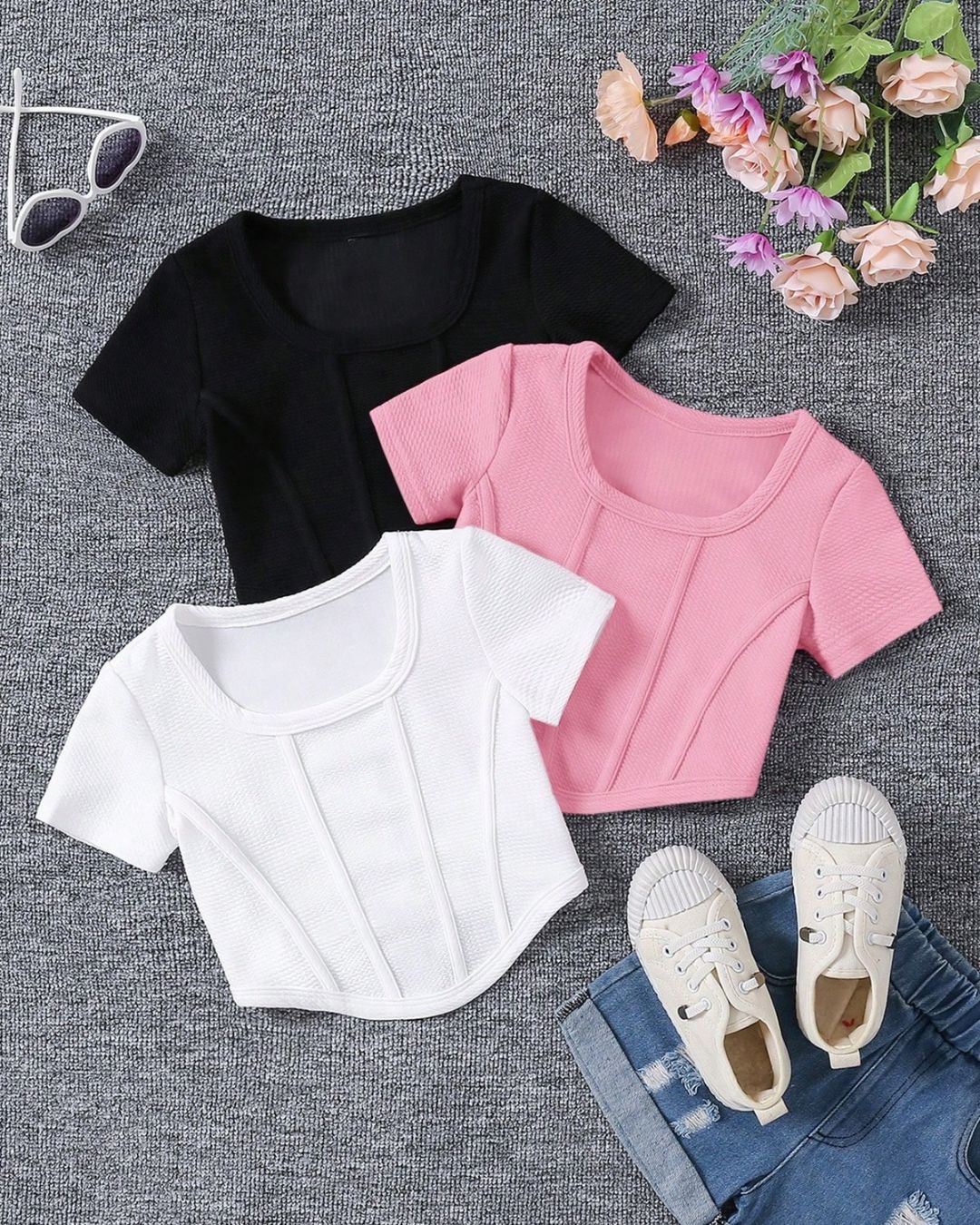 Young Girls Square Neck Curved Hem Crop Tees | 4Y - 7Y