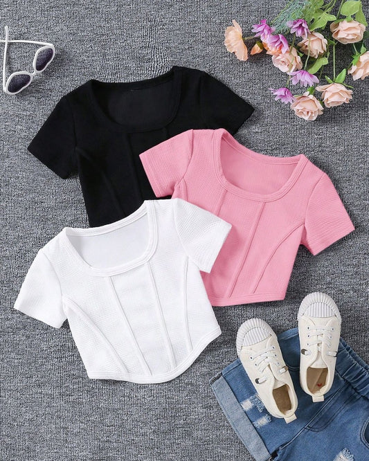 Young Girls Square Neck Curved Hem Crop Tees | 4Y - 7Y