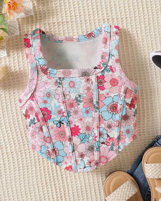 Young Girls Knitted Floral Crew Neck Asymmetrical Hem Fitted Tank Top | 4Y - 7Y