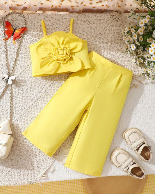 Baby Girls Yellow Floral Knit Tank Top & Woven Casual Pant Set | 3M - 3Y