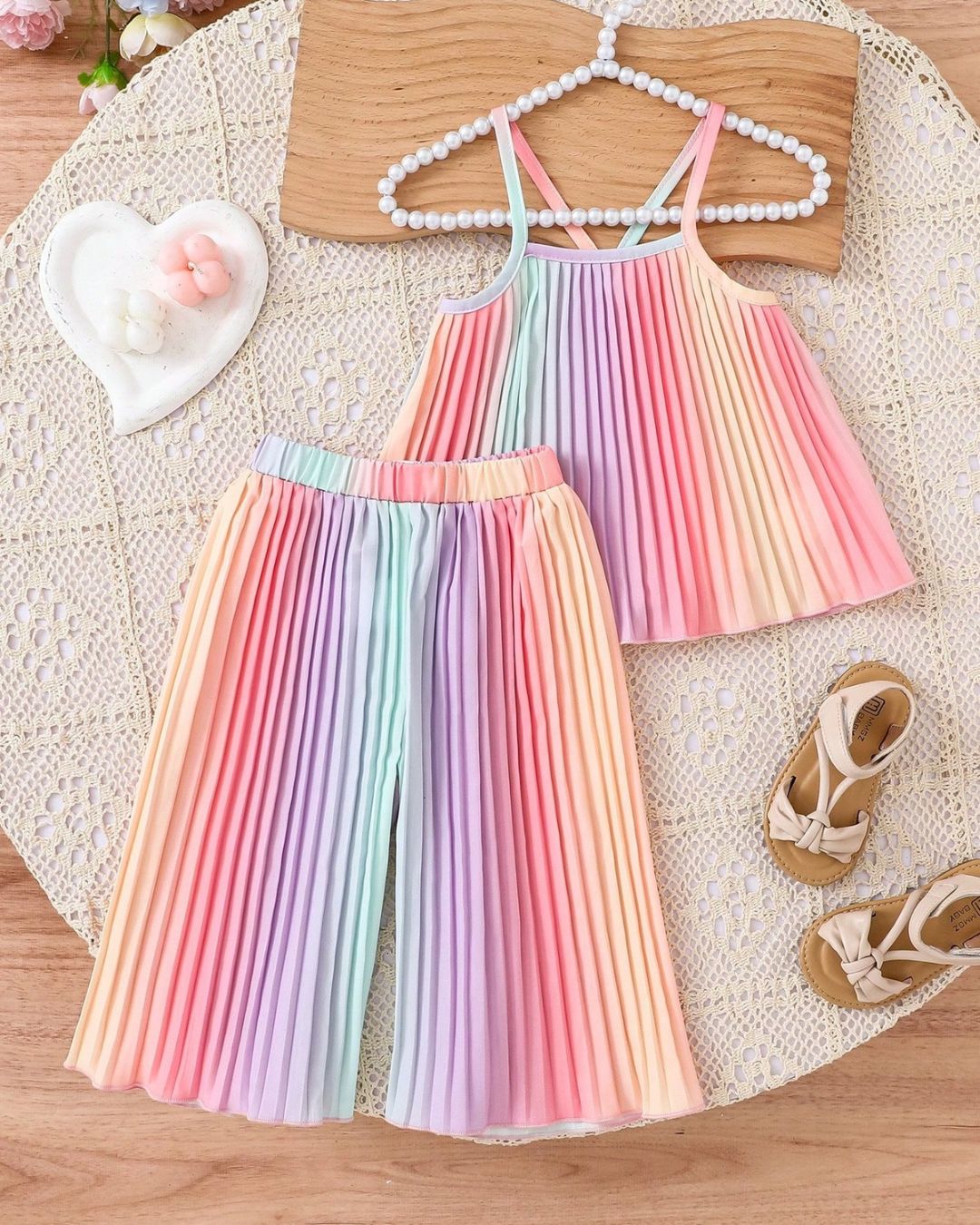 Baby Girls Rainbow Gradient Pleated Crop Top & Wide Leg Pant Set | 3M - 3Y
