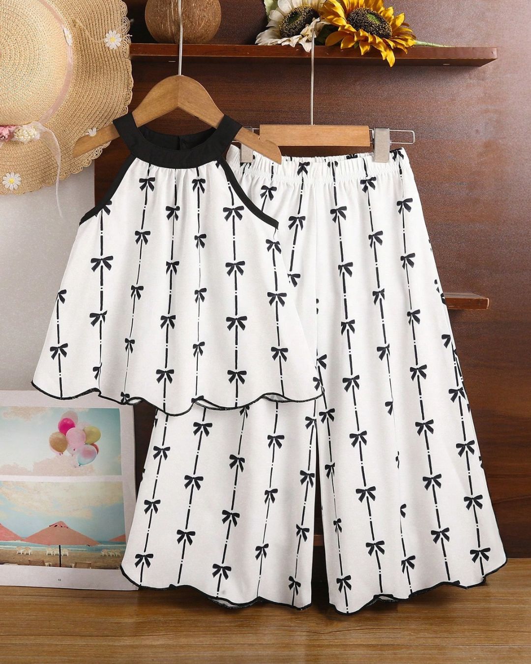 Young Girls B&W Bow Printed Halter Top & Wide Leg Pant Set | 4Y - 7Y