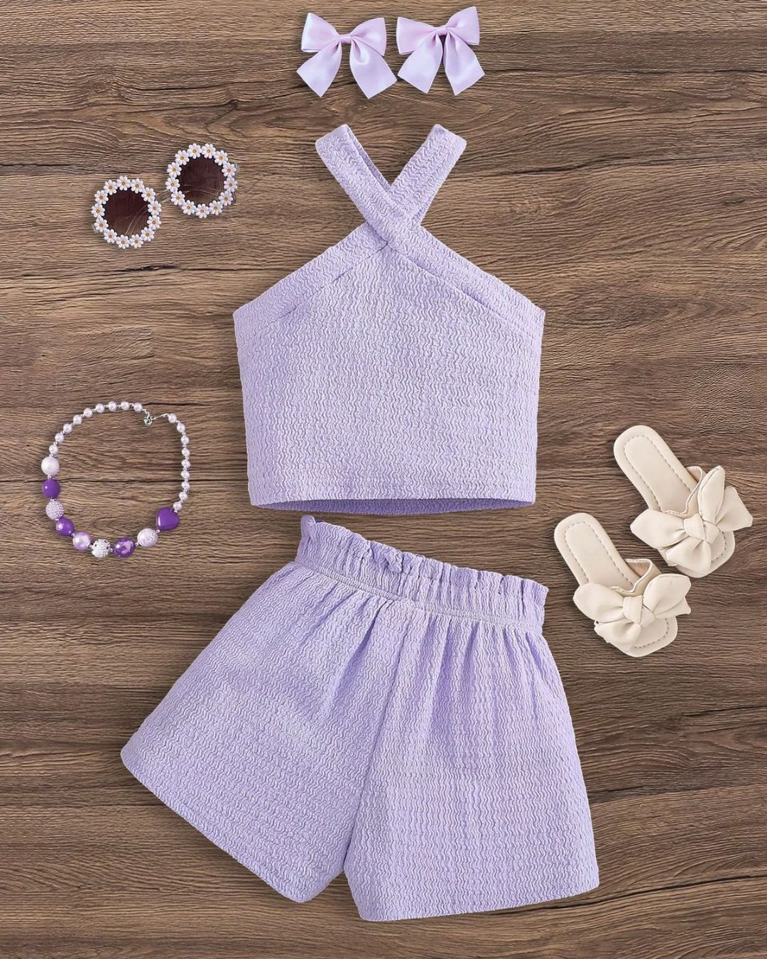 Young Girls Lavender Purple Knitted Top & Shorts Set | 4Y - 7Y