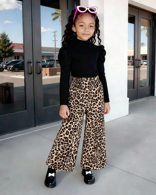 Young Girls Round Neck Long Sleeve Top & Leopard Printed Wide Leg Pants Set | 4Y - 5Y
