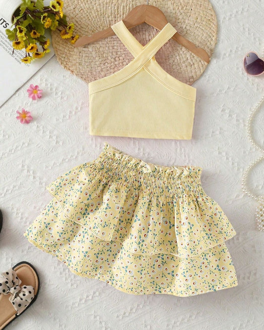 Young Girls Casual Sleeveless Solid Tank Top & Ditsy Floral Layered Ruffled Skirt Set | 4Y - 7Y