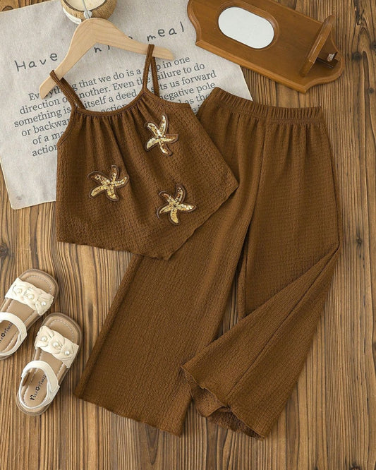 Young Girls Starfish Embellishments Top & Wide Leg Pants | 4Y - 7Y