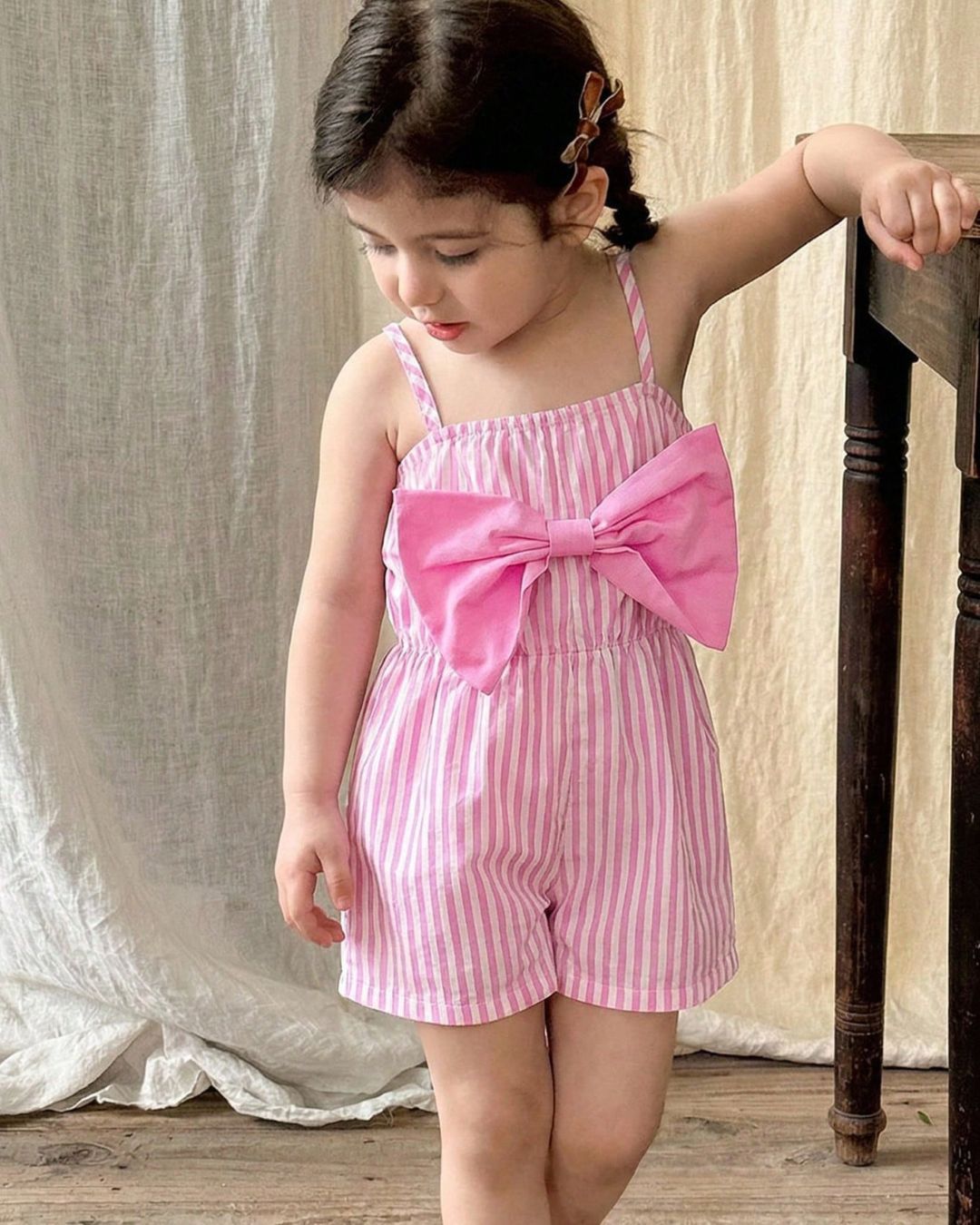 Baby Girls Pink & White Strips With A Bow Romper | 6M - 3Y