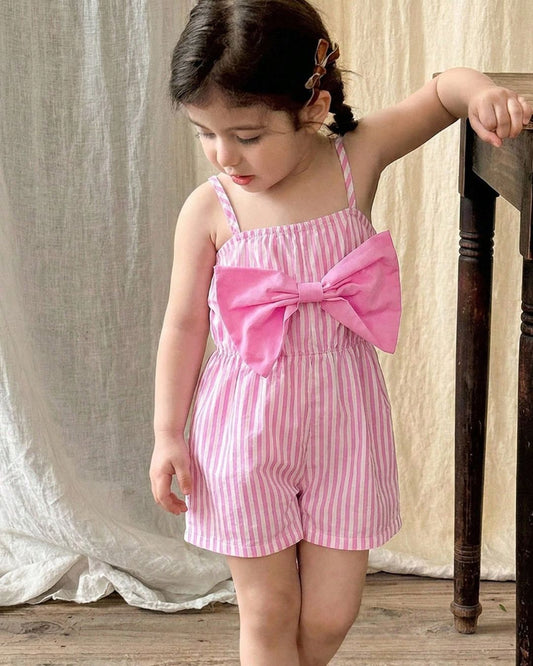 Baby Girls Pink & White Strips With A Bow Romper | 6M - 3Y