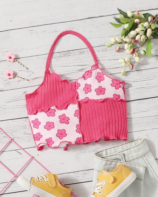 Baby Girls Floral Print Two Tone Lettuce Trim Halter Top | 6M - 3Y