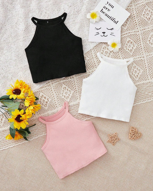 Young Girls Solid Color Ribbed Knit Halter Crop Top | 4Y - 7Y