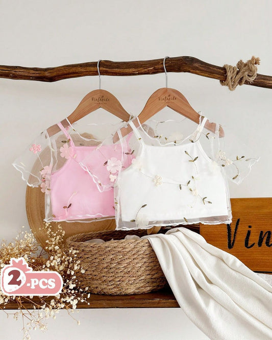 Baby Girls Sweet Floral Embroidered Mesh Overlay Top | 6M - 3Y