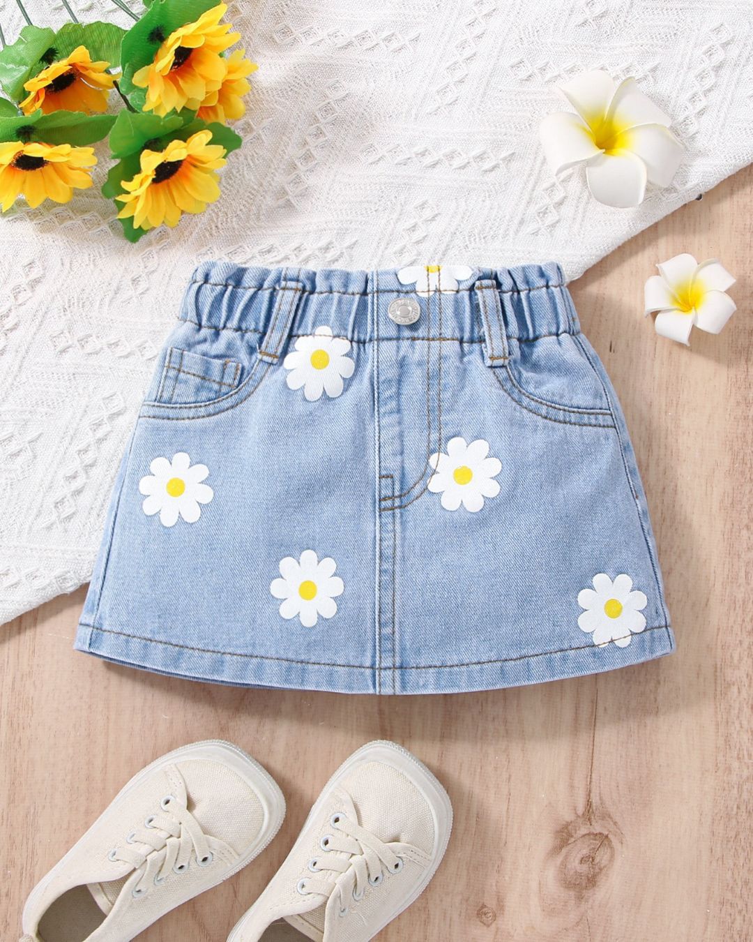 Baby Girls Floral Print Paperbag Waist Denim Skirt | 6M - 3Y