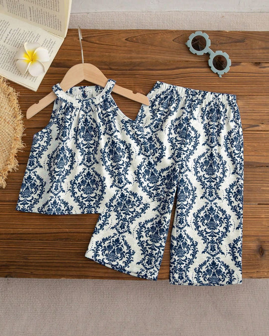 Baby Girls Vacation Casual Retro Floral Pattern Camisole Top & Waist Pants Set | 6M - 3Y