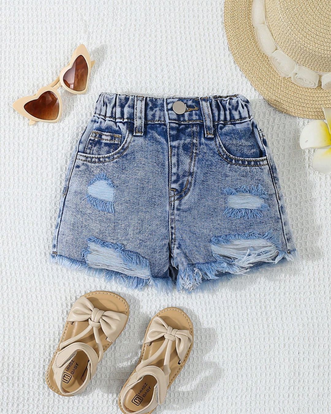 Baby Girls Distressed Raw Hem Elastic Waist Dark Washed Denim Shorts | 6M - 3Y