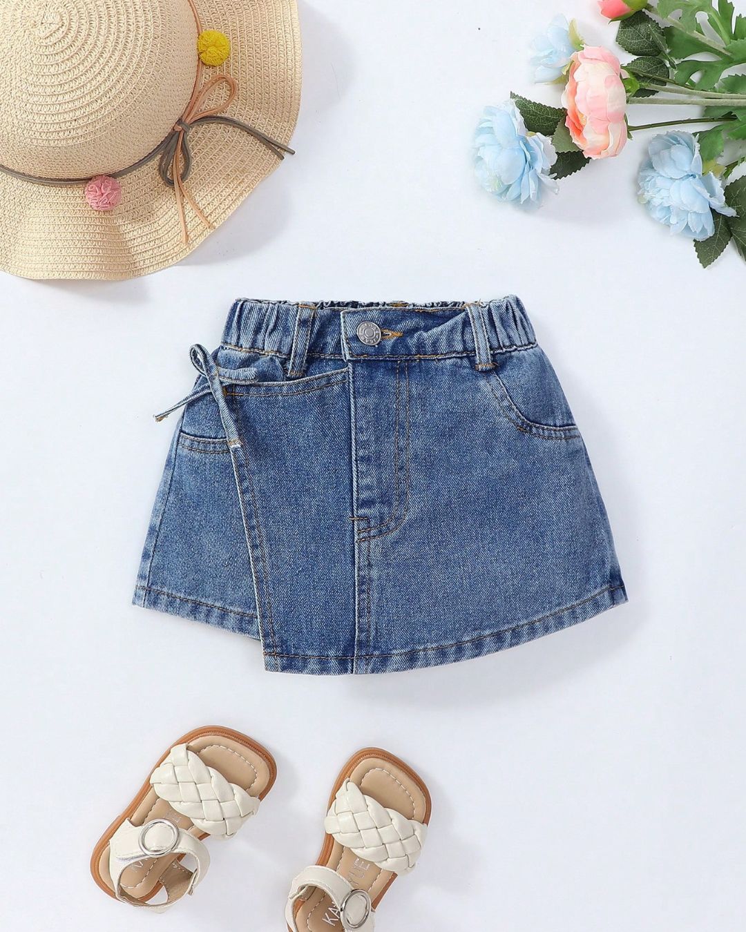 Baby Girls Versatile Cute Asymmetrical Bowknot Waist Soft Denim Skort | 6M - 3Y