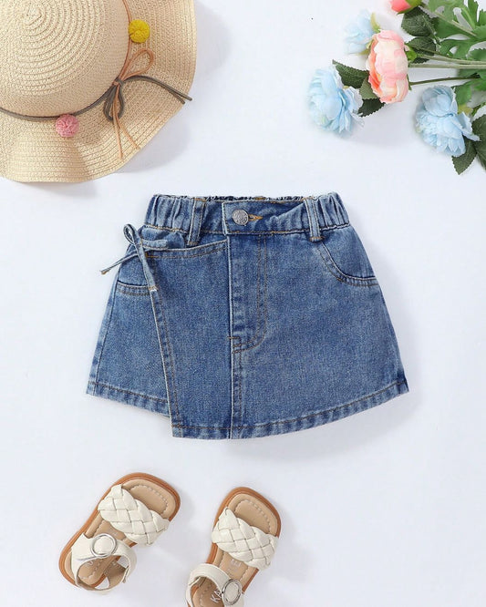 Baby Girls Versatile Cute Asymmetrical Bowknot Waist Soft Denim Skort | 6M - 3Y