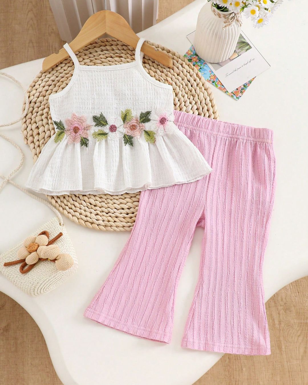 Baby Girls White Textured Floral Embroidered Top & Pink Ribbed Flare Pants Set | 6M - 3Y