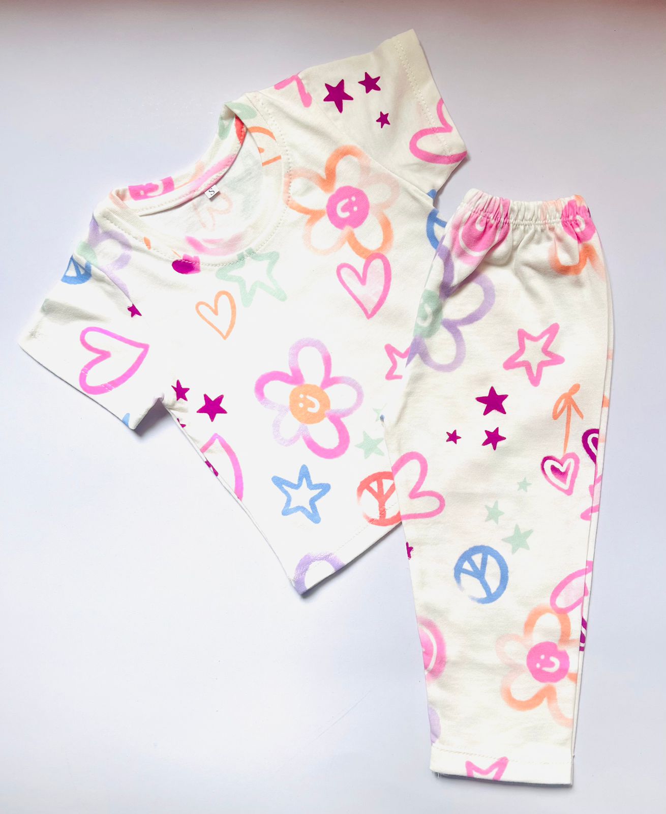 TCB Off-White Color Star, Flower, Heart Printed PJ Set