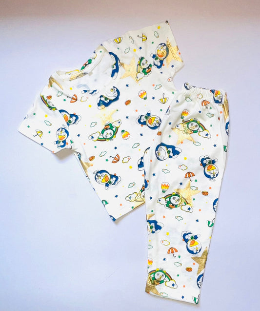 TCB White Color Gold Star, Blue Cat Printed PJ Set