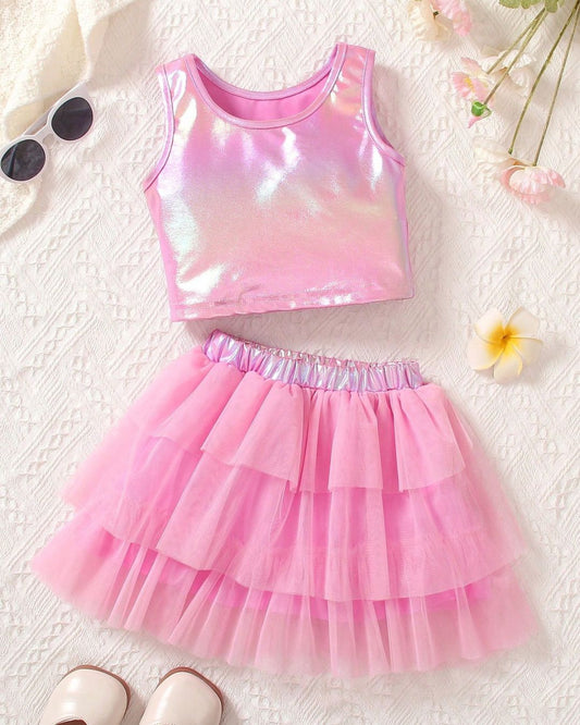 Young Girls Cute Pink Ombre Top & Gauze Skirt Set | 4Y - 7Y