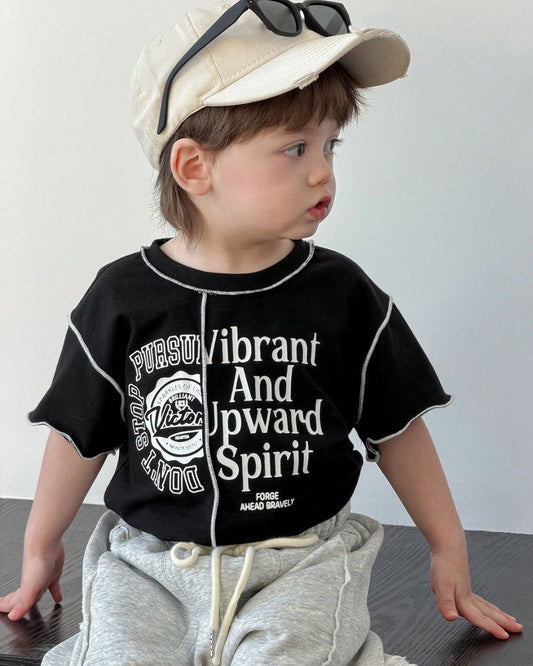 Baby Boys Letters Printed Black Tee | 6M - 3Y