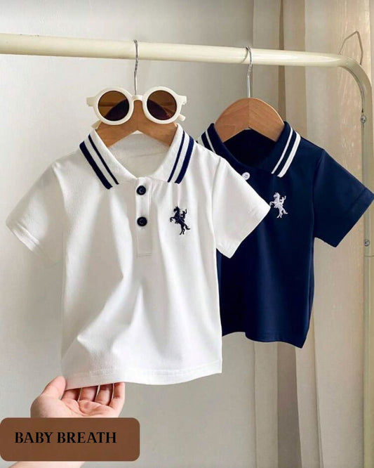 Baby Boys Solid Color Collard Short Sleeve Top | 3M - 3Y