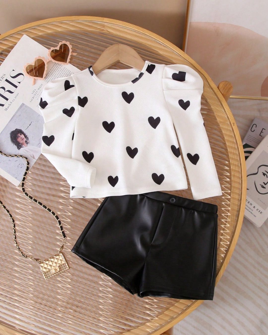 Baby Girls Cute Knitted Heart Pattern Lamb Sleeves Top & PU Leather Shorts Set | 6M - 3Y