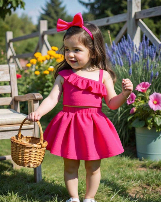 Baby Girls One Shoulder Ruffled Top & Solid Color Skirt Set | 3M - 3Y