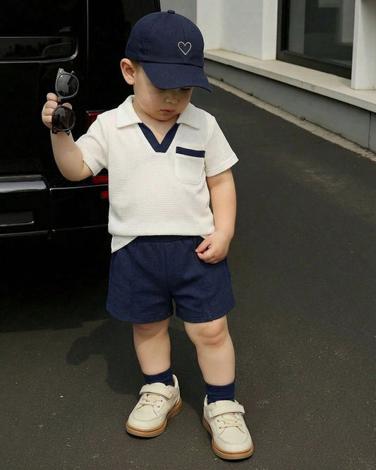 Baby Boys White Polo T-Shirt & Navy Blue Shorts Set | 6M - 3Y