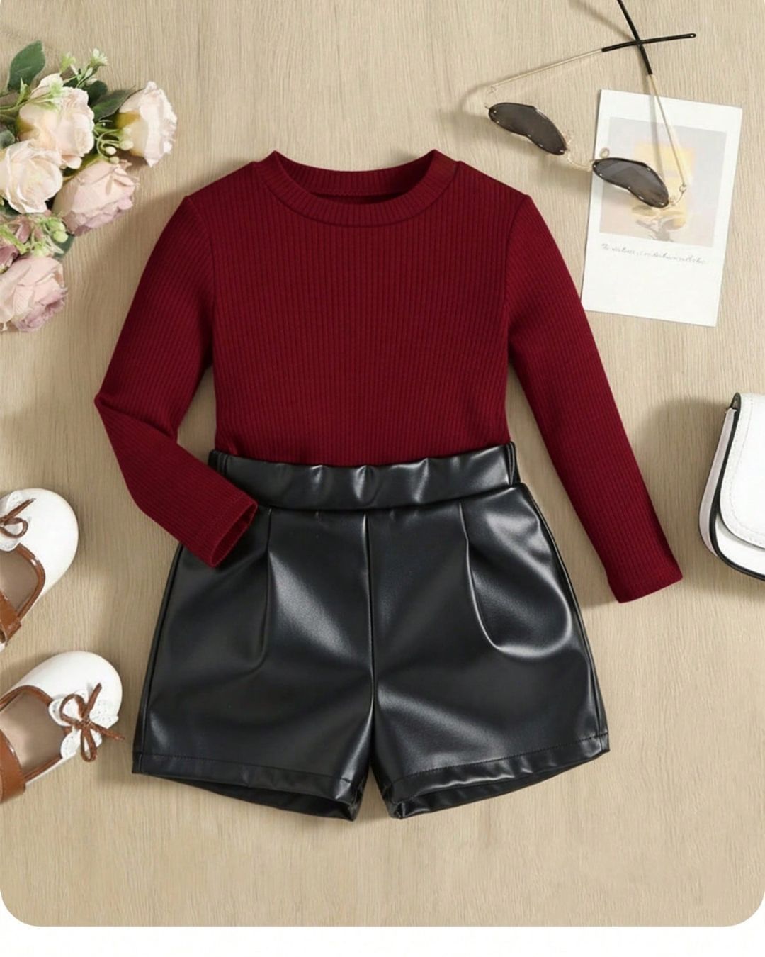 Baby Girls Long Sleeve Maroon Top & Black Leather Shorts Set | 6M -3Y