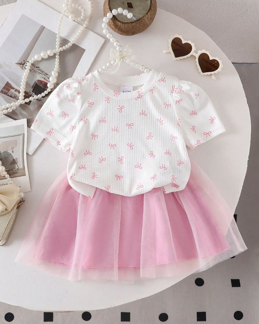 Baby Girls Pink Bows Printed Top & Pink Layered Tulle Skirt | 6M - 3Y