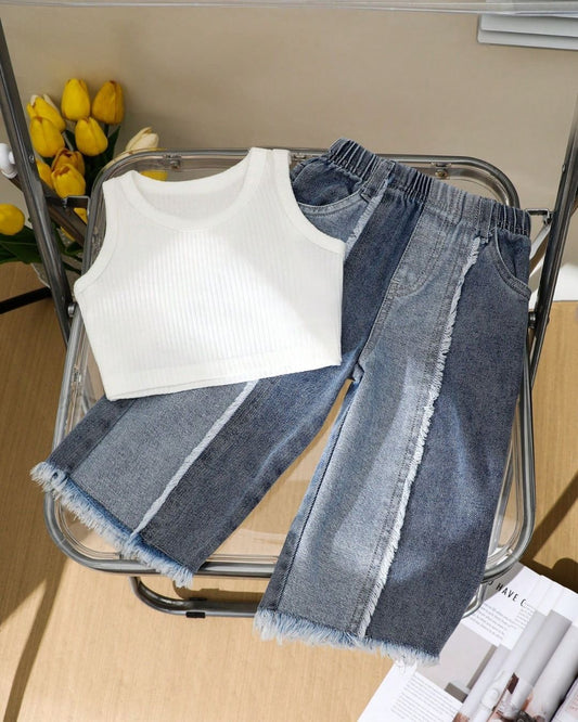 Baby Girls Plain Sleeveless Top & Dark Wash Two Tone Denim Set | 6M - 3Y