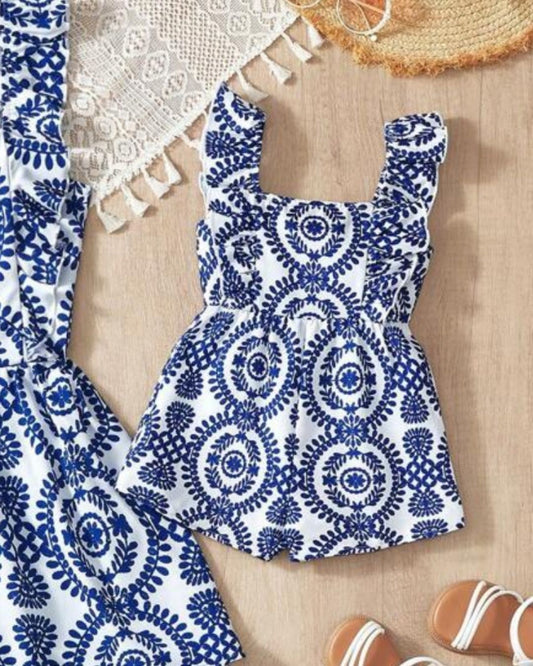 Baby Girls Vacay Blue & White Ornate Square Neck Sleeveless Romper | 6M - 3Y