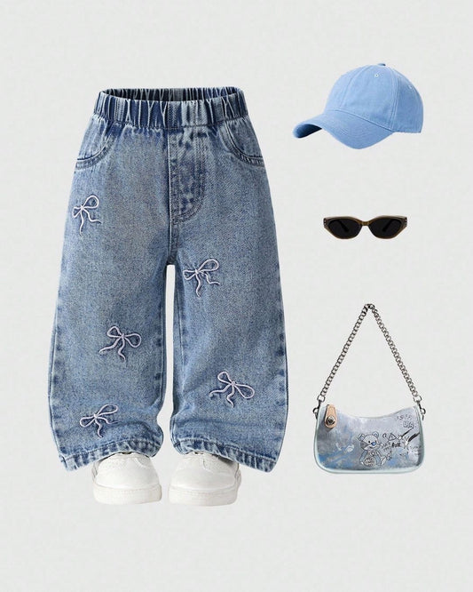 Baby Girls Bow Embroidery Light Wash Straight Leg Denim | 6M - 3Y