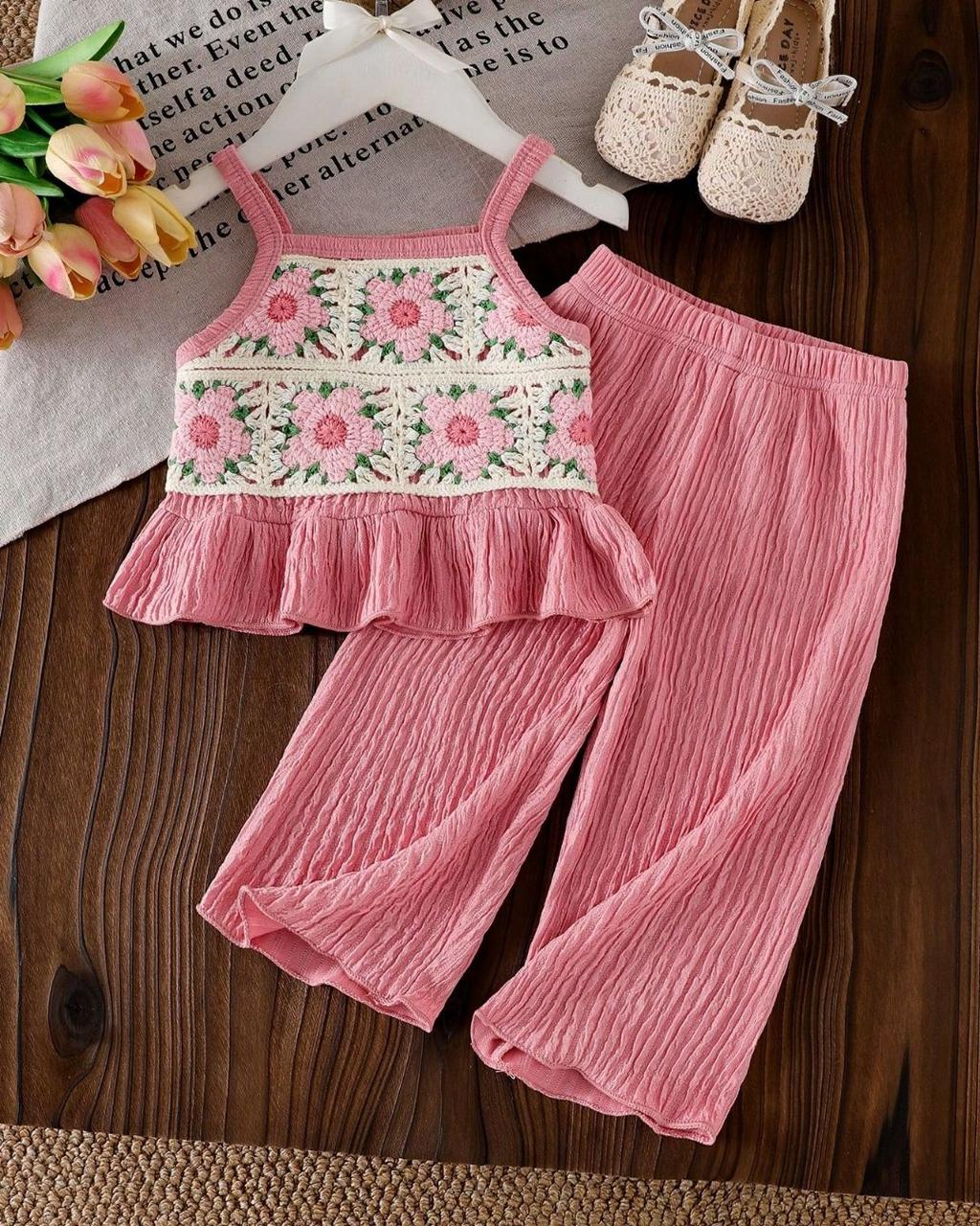 Baby Girls Floral Embroidery Delicate Strap Top & Solid Color Long Pants Set | 6M - 3Y
