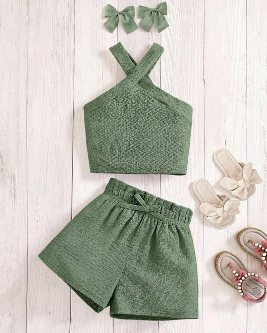 Young Girls Knitted Solid Color Halter Top & Wide Leg Casual Shorts Set | 4Y - 7Y