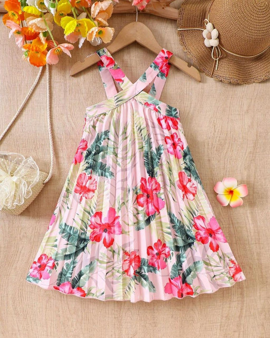 Young Girls Tropical Floral Print Sleeveless Dress | 4Y - 7Y