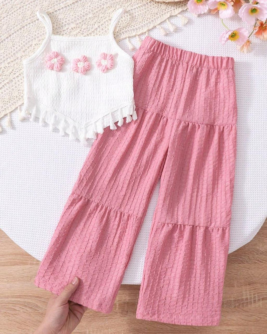 Young Girls Flowers Embroidery Cami Top & Wide Leg Pants Set | 4Y - 7Y