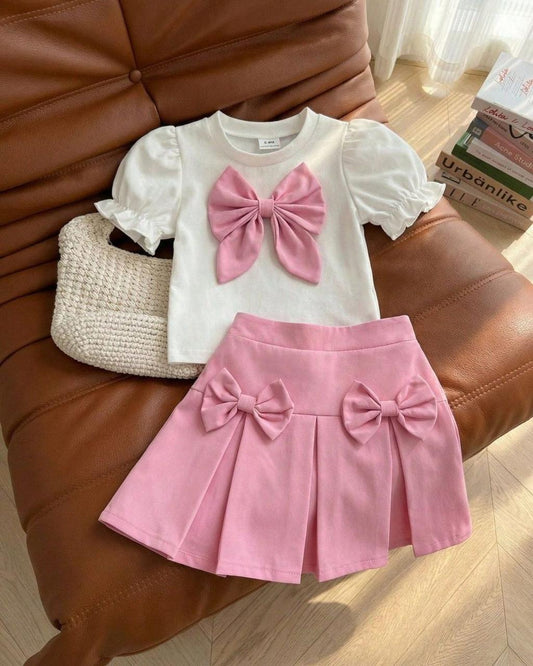 Baby Girls Pink Bow Puff Sleeve Top & Solid Color Pleated Skirt Set | 6M - 3Y